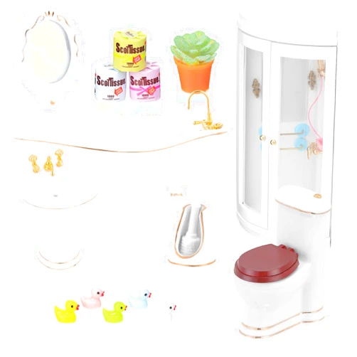 Gemscream 16 Pcs Dollhouse Bathroom Set 1: 12 Scale Dollhouse Bathroom Furniture Porcelain Miniature Dollhouse Toilet Shower Room Basin Bathtub Mirror Carpet Mini Duck Dollhouse Bathroom Accessories