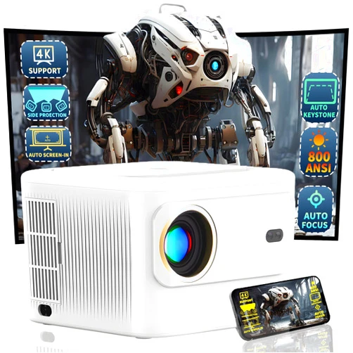 Hasatek [Auto Focus/Keystone/Side Projection and Auto Screen-in] Projector 4k Supported ,Hasatek 800ANSI 5G WiFi Bluetooth Outdoor Projector with WiFi and Bluetooth ,50% Zoom,Native 1080P Movie Projector