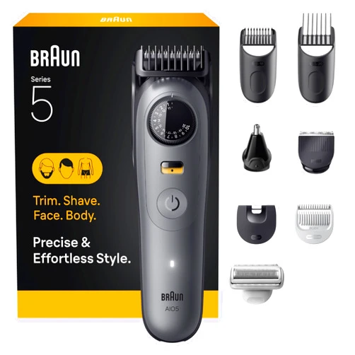 Braun Series 5 All-in-One Beard & Body Grooming Kit for Men, Cordless Trimmer, Hair Clippers & Shaver for Face, Hair & Body with Smooth Shave Head, AIO 5510