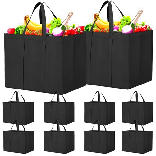WISELIFE Reusable Grocery Shopping Bags 10 Pack Large Foldable Tote Bags Bulk, with Long Handle for Shopping Groceries Clothes (Black)