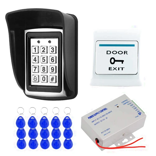 Diginex HFeng DIY RFID Access Control System Kit for Home Outdoor Waterproof Cover + RFID Keypad + DC12V 3A Power Supply + Door Exit Button + 15pcs EM4100 Key Cards (Without Lock)