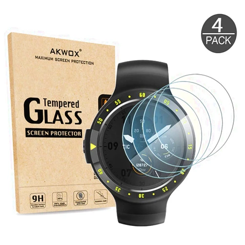AKWOX [4 Pack] for Ticwatch S (Sport) / Ticwatch E (Express) / E2&S2 /Ticwatch C2 /2 Tempered Glass Screen Protector, 2.5D Arc Edges 9 Hardness Anti-Scratch Bubble-Free