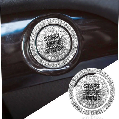 KITUREK Bling Crystal Car Engine Start Ring Sticker, Sparkling Rhinestone Push Start Button Decorative Cover, Anti-Scratch Key Ignition & Knob Bling Ring Car Interior Accessories for Women (White)