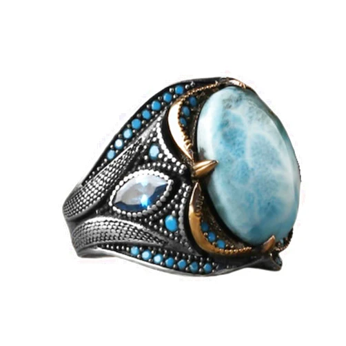 RoarBuy 925k Silver Mens Ring-Handmade Mens Ring-Larima Stone Ring- Mens-Jewelry Gift For Mens-Silver Rings for Men-Larimar Wedding Ring