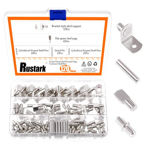 Rustark 120 Pcs 4 Styles Nickel Plated Shelf Pins Bracket Pegs Cabinet Furniture Shelf Pin Support Assortment Kit Perfect for Shelf Holes