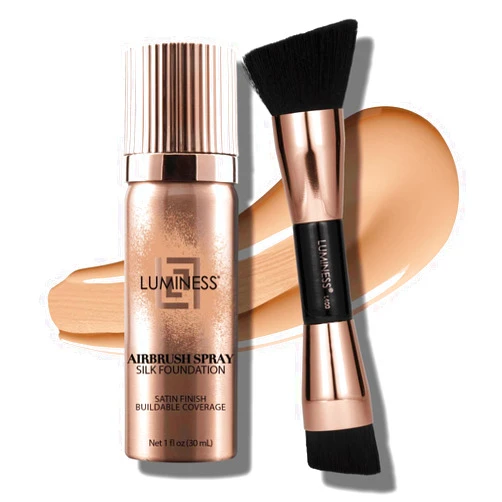 LUMINESS Silk Airbrush Spray Foundation 2-PC Kit - Foundation & Dual-Sided Angled Makeup Brush - Buildable Coverage, Anti-Aging Formula, Humidity Resistant, Hydrates & Moisturizes, Light Medium