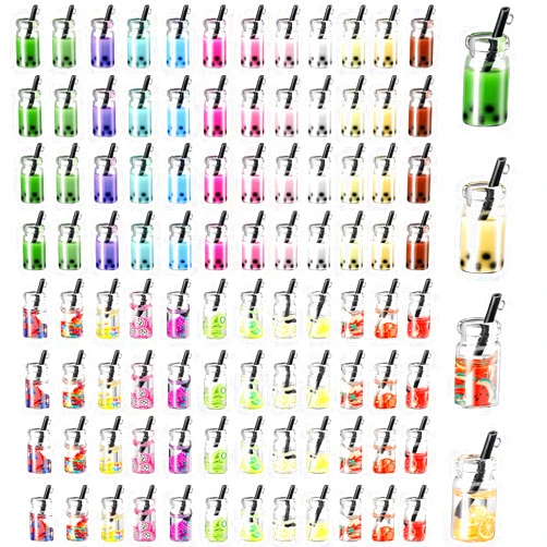 Hicarer 104 Pcs Milk Tea Charm Boba Charms Mini Colorful Bottle Charms Fruit Juice Pendant for DIY Jewelry Craft Earring Keychain