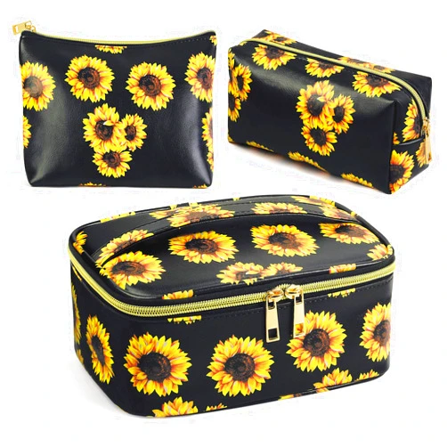 MAGEFY 3Pcs Makeup Bags for Women Portable Travel Cosmetic Bag Waterproof Organizer for Purse with Gold Zipper Cute Toiletry Bags (Sunflower Black)