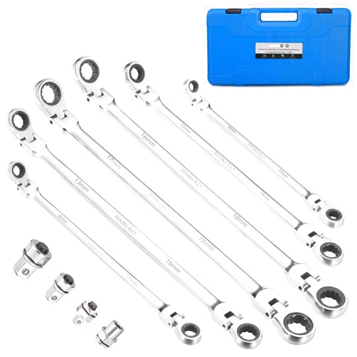 RIMKOLO 6-Piece Extra Long Flex-Head Ratcheting Wrench Set, 72-Tooth Double Box End Wrench Set, CR-V Steel ratcheting wrenches with Metric 8mm - 19mm