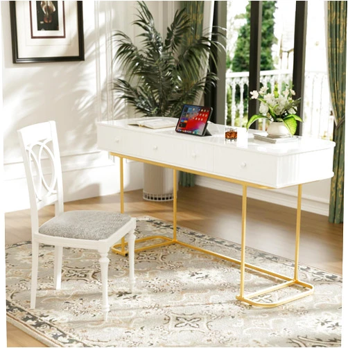 Ayoiow Vintage Writing Table, Wooden Home Office Desk with Waveform Fluted Panel Design,Executive Desk with 3 Drawers and Metal Leg