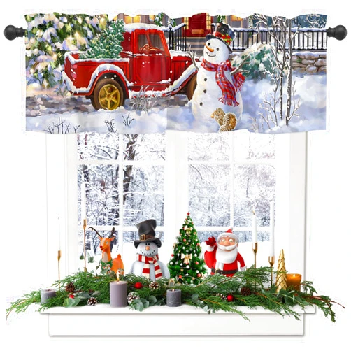 Azvizanmo Christmas Snowman Valances Windows Curtains Red Truck Xmas Tree Rod Pocket Kitchen Valance Window Treatments Snowy Winter Holiday Christmas Decor Short Curtains for Bathroom 1 Panel, 54