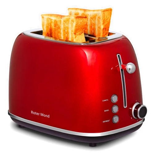 Roter Mond 2 Slice Toaster Retro Stainless Steel with Bagel, Cancel, and Defrost Functions, 6 Bread Shade Settings, Extra Wide Slots and Removable Crumb Tray, Red