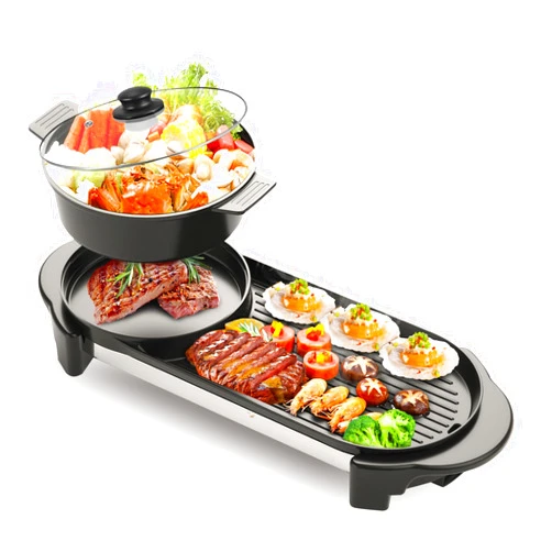 BOEASTER 2 in 1 Electric Smokeless Grill and Hot Pot, 2200W Removable Hotpot Pot, Large Capacity Baking Tray, Non-Stick Skillet Pan, Dual Adjustable Temperature, 1-6 People
