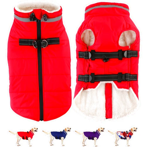 Dogcheer Dog Coat with Harness, Waterproof Dog Jacket Adjustable Dog Winter Coat with Zipper, Christmas Dog Snow Jacket Fleece Sweater for Small Medium Large Dogs - Red XS