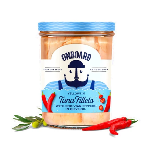 ONBOARD Yellowfin Tuna Fillets with Peruvian Peppers in Olive Oil | Pescatarian | Fresh & Healthy Premium Seafood in a Glass Jar | Ready-to-Eat - Mediterranean Tuna | High in Protein | 6 Packs