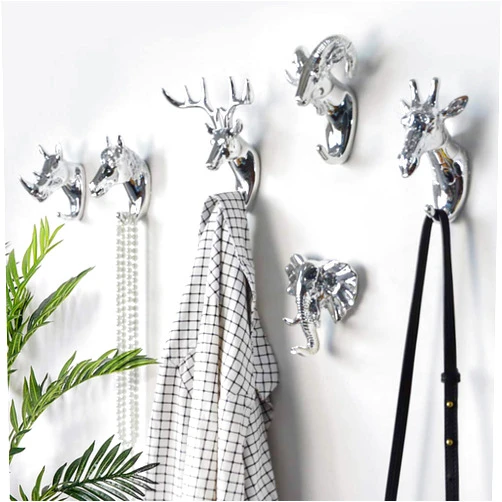 CHMHY Animal Head Key Hooks Decorative for Wall Creative Resin Hook Hanger (Pack 6) Animal Shaped Coat Hat Hook Wall Hanging Wall Hook Decorative Gift (Silver Plating)
