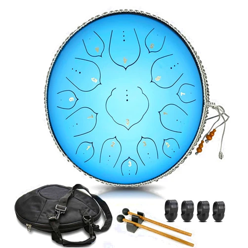 Aogbra Steel Tongue Drum, 15 Notes 14 inch D-Key - Handpan Percussion Instrument - Tank Chakra Drums with Padded Travel Bag, 2 Mallets, for Meditation, Decompression, Music and Gift (Aqua Blue)