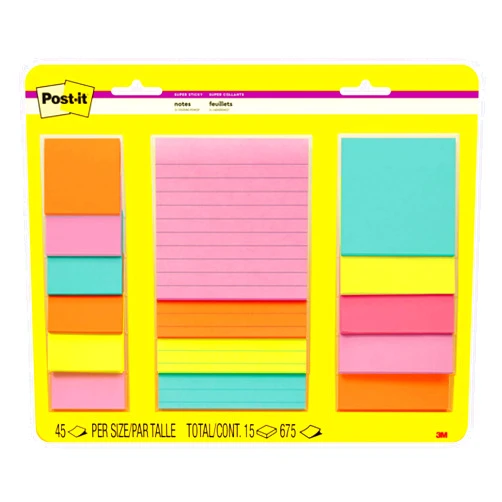 Post-it Super Sticky Notes, Assorted Sizes, 15 Pads, 2x the Sticking Power, Supernova Neons Collection, Neon Colors (Orange, Pink, Blue, Green), Recyclable (4423-15SSMIA)