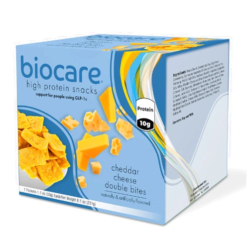 Biocare High Protein Snack for GLP-1 Users, Provides 10g Essential Protein, Cheddar Cheese Double Bites, (7 Count)