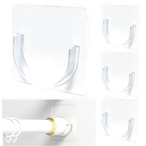 Venupple Spring Tension Rod Holder, 4 Packs Transparent Shower Rod Bracket No Drilling for Spring Rod Head Less Than 1.7in, Adhesive Tension Curtain Rod Retainer Shower Curtain Rod Holder