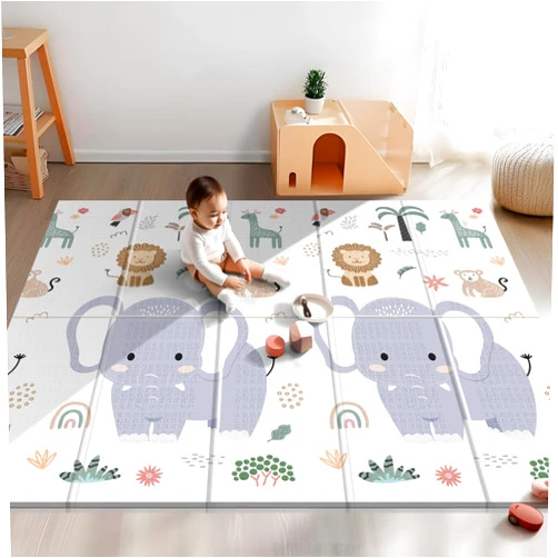 NOONKTY 79x71 Extra Large Baby Play Mat for Floor, Foldable Foam Playmat for Babies 0-12 Months & Kids, Non-Toxic Waterproof Baby Mat for Floor, Thick Playpen Mat for Tummy Time Crawling, Elephant+Mon