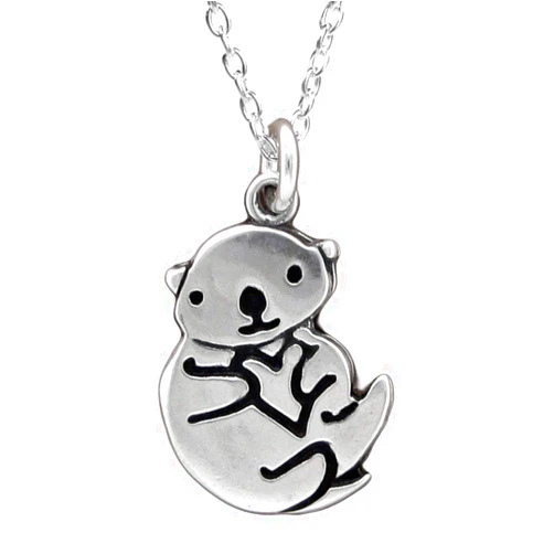 Mark Poulin Sterling Silver Otter Charm Necklace on Adjustable Sterling Chain Holding Heart for Women and Girls
