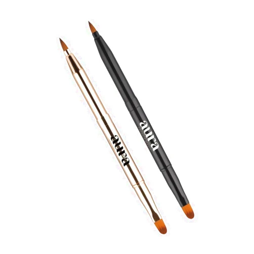 Aura Retractable Brush for application on lips or eyes. Liner Brush, Lip Gloss, Eyeshadow Concealer Brush. 2 Pieces Double-ended Lip Applicator with Cap, (Black/Gold)