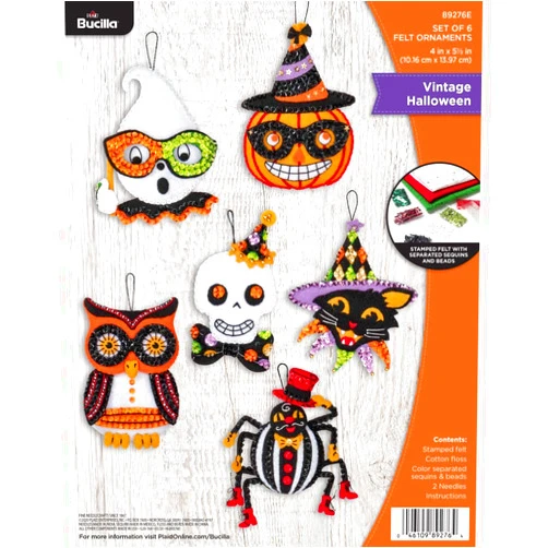 Bucilla 89276E Felt Applique Ornament Kit, Vintage Halloween, Set of 6