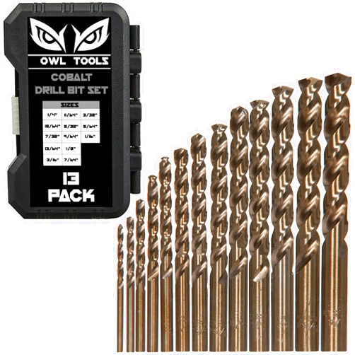 Owl Tools Cobalt Drill Bit Set - 13 Piece M35 Cobalt Drill Bits with Storage Case - Perfect Drill Bits for Metal, Hardened & Stainless Steel, Cast Iron, and More! Cobalt Drill Bits - 13 Pack