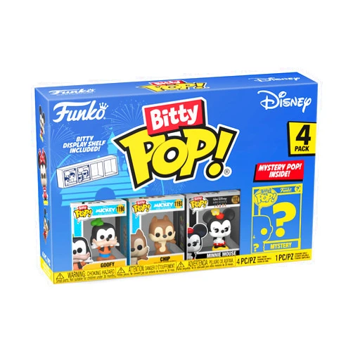 Funko Bitty POP! Disney - Goofy, 4-Pack - Goofy, Chip, Minnie Mouse (Hands Folded) and A Surprise Mystery Mini Figure - 0.9 Inch (2.2 Cm) Collectable - Stackable Display Shelf Included - Gift Idea