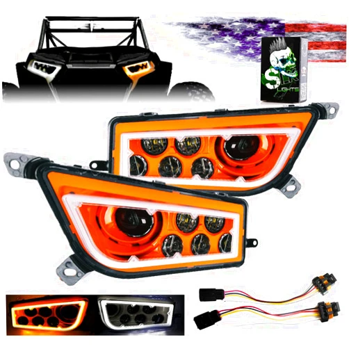 SLK-Lights ORANGE Razor RZR LED Headlight Halo Street Legal Turn signal kit compatible with Polaris General, RZR 900s, razor 1000 XP Turbo (Fits: 2015-2021) (Dual Color SwitchBack Halo White/Amber)