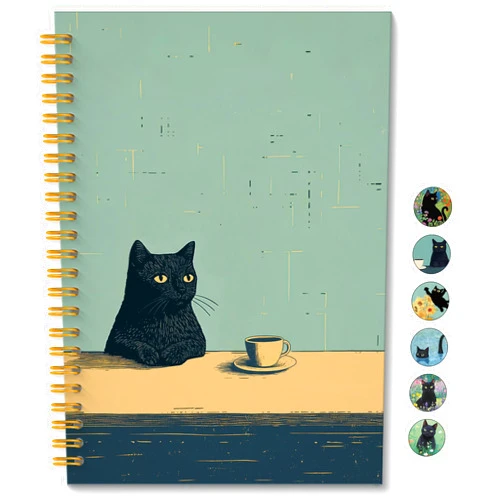 ROXMART Vintage Coffee Black Cat Spiral Notebook, Black Cat Gifts Journal, Cats Lovers Mom Lady Gifts Journal Notebook, 5.5x8.3 Inch