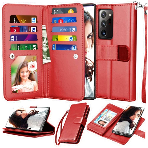 Njjex Galaxy Note 20 5G Wallet Case - Wine Red, 9 Card Slots, PU Leather, Detachable Kickstand, Magnetic Cover & Lanyard