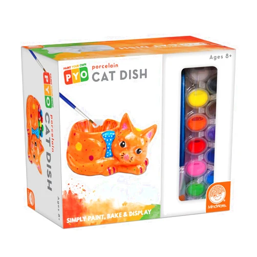 MindWare Paint Your Own Cat Dish – Porcelain Painting Figures for Kids, Teens & Adults Ages 8 & Up – Includes 12 Paints and 2 Brushes