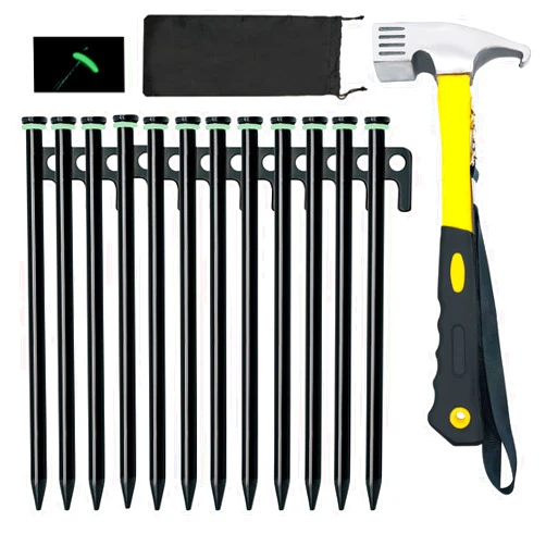 Chicarry Tent Stakes with Hammer, 12Pcs 10in Heavy Duty Tent Stakes + Tent Stake Hammer + Storage Pouch, Forged Steel Tent Stakes for Rocky Place Dessert (12 Pack Tent Stakes with Hammer)
