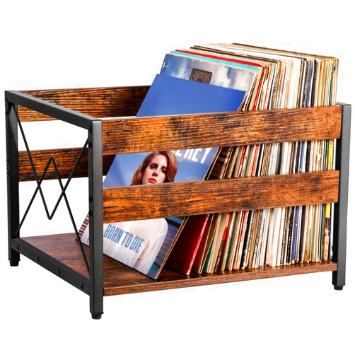 Y&M Vinyl Record Storage Crate, Wooden Storage Box, Classic Cube CD Albums Shelf Holder Organizer, Holds Up to 100+ Records, Magazine Rack for Desktop, Home, Office, Brown