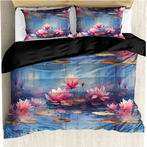 Xarleslyna King Size Duvet Cover Sets Monet Water Lilies 3 Piece Bedding Comforter Cover Set Pond Lotus Oil Painting Modern Style 1 Duvet Cover 2 Pillow Shams (104