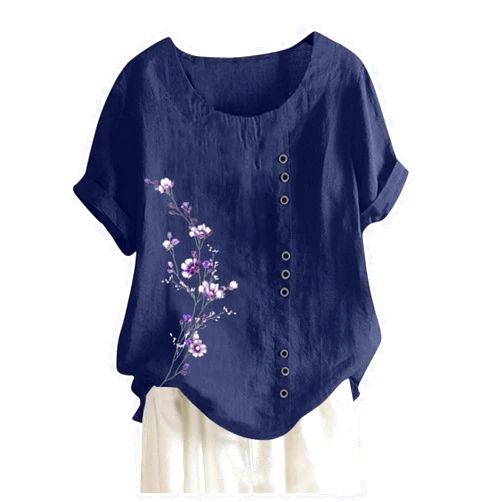 Shusuen Women's Floral Print Bohemian Short Sleeve T Shirt Round Neck Babydoll Shirt Blouse Button Down Tunic Tops