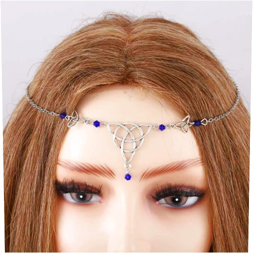 Brinote Boho Crystal Head Chain Jewelry Silver Hollow Headpieces Knot Beads Headband Halloween Vintage Hair Accessories for Women and Girls (Blue)