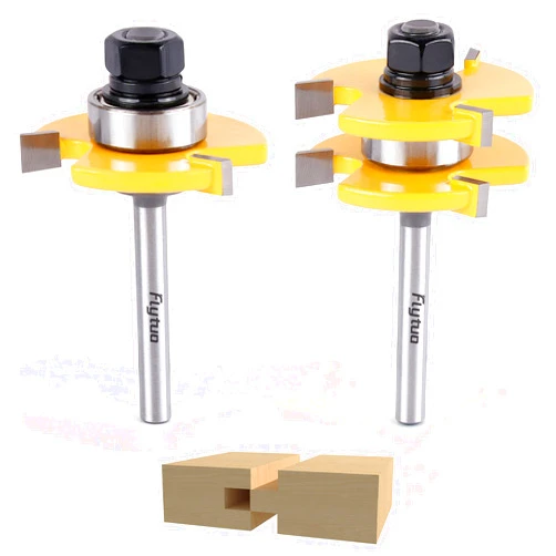 Flytuo 2PCS Tongue and Groove Set 1/4 Inch Shank Router Bit Set, 3 Teeth Adjustable T Shape Wood Milling Cutter