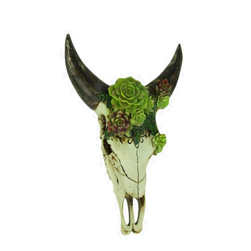 Zeckos Aged Bull Skull with Succulent Plants Hanging Statue