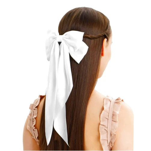 CellElection Vintage White Silky Satin Hair Bow Clips with Long Tails - White Hair Accessories for Women & Girls - 1pc
