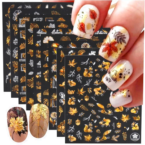 WBRRFJJ 9 Sheets Fall Nail Art Stickers Maple Leaf Nail Decals Flower Tree Nail Design Decals 3D Self-Adhesive Glitter Gold Nail Stickers Thanksgiving Holiday Nail Art Decoration for Women Manicure Tips