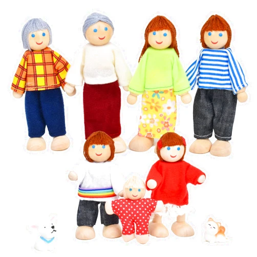 Jzszera Wooden Doll House People of 7 Miniature Figures and 2 Pets, Dollhouse Dolls Family Set Accessories for Girls Toddler Kids Pretend Play and Imaginative Fun