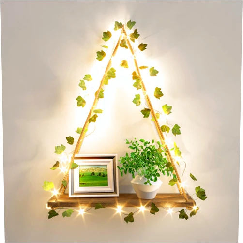 RICHER HOUSE Artificial Ivy LED-Strip Wall Hanging Shelves, Macrame Shelf for Bedroom Bathroom Living Room Kitchen, Wood Hanging Plant Shelves for Wall Décor