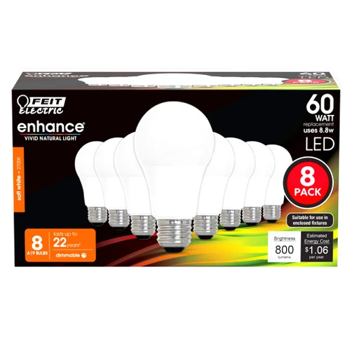 Feit Electric A19 LED Light Bulbs, 60W Equivalent, Dimmable, E26 Standard Base, 90 CRI, 800 Lumens, 2700K Soft White, 120V, 22 Years Lifetime, Damp Rated, 8 Pack, OM60DM/927CA/8