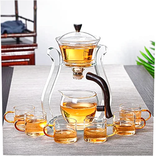 RORA Lazy Kungfu Glass Tea Set Semi Automatic Drip Rotating with Infuser Glass Teapot Set (6 cups)
