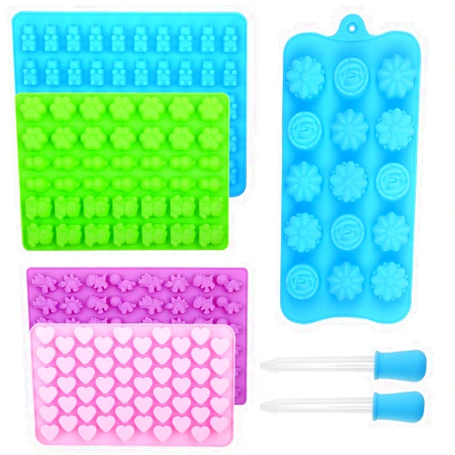 Alimat PluS Silicone Gummy Molds Candy Molds with 2 Droppers, Chocolate Molds Including Mini Dinosaur, Cat Claw, Hearts, Flowers, Bear Shape Gummie Molds, Pack of 5 for 210 Gummies