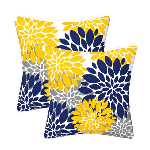 AHAHM Navy Blue Yellow Grey Dahlia Floral Throw Pillows Farmhouse Decorative Throw Pillow Case Indoor Outdoor Cushion Cover Winter Pillowcase for Couch Living Room Bedroom 20 x 20 Inch Set of 2