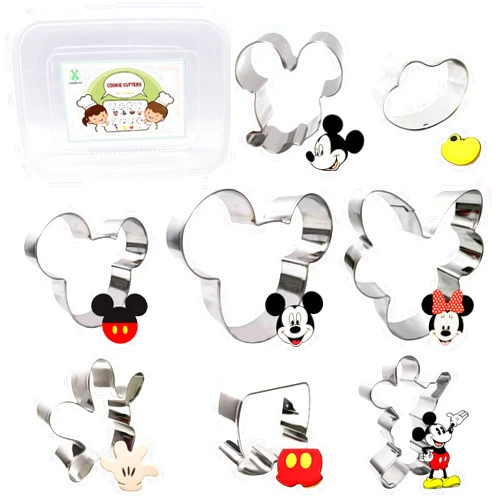 XUNMEINT Mickey Mouse Cookie Cutter Set with Storage Box, Mickey Head, Minnie, Glove, Shoe, Shorts, Mickey Shapes Sandwich Cutter, 8 Pcs DIY Bento Lunchbox Box Fruit Vegetable Cutters for Kids